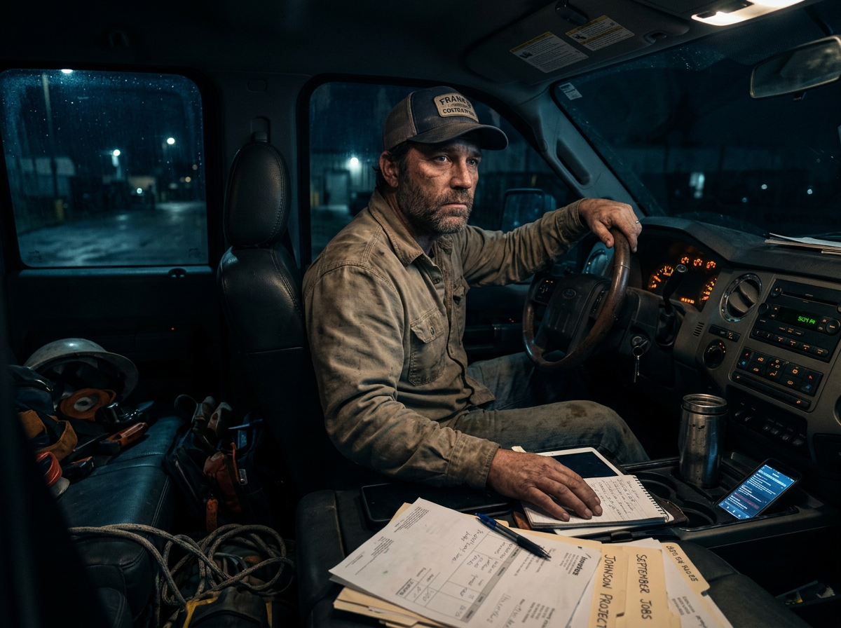 Contractor sitting in his truck late at night surrounded by paperwork