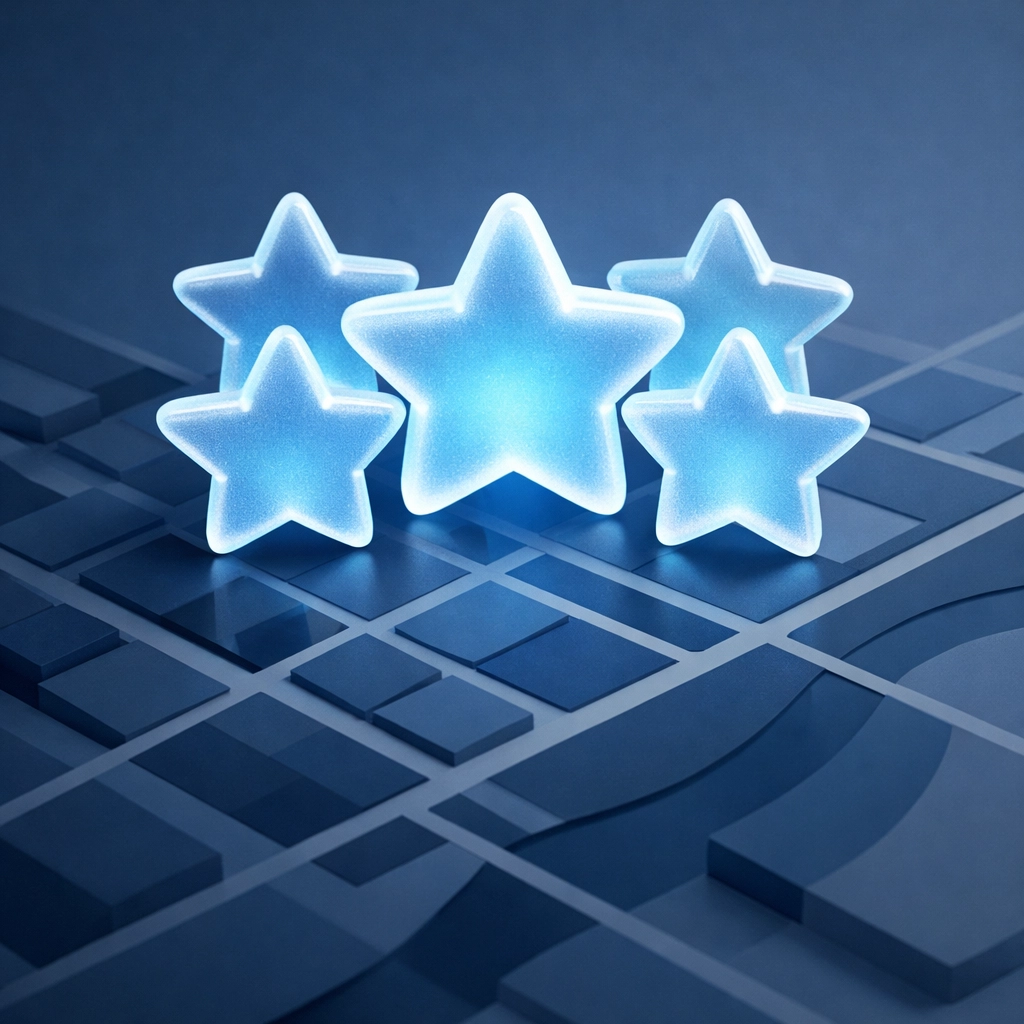 Five-star rating icons over a city map, showing the impact of reviews on Google Maps ranking