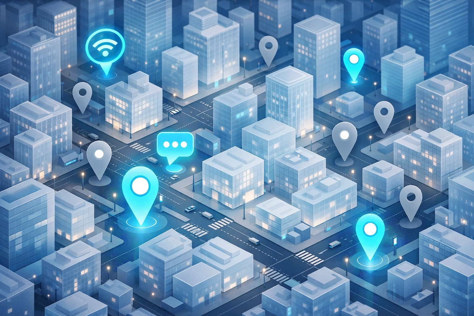Map pins over a metropolitan city grid illustrating local business visibility.