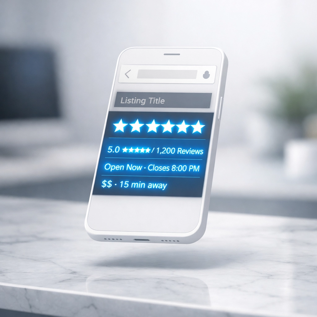 Smartphone displaying local search results with five-star ratings and rich snippets.