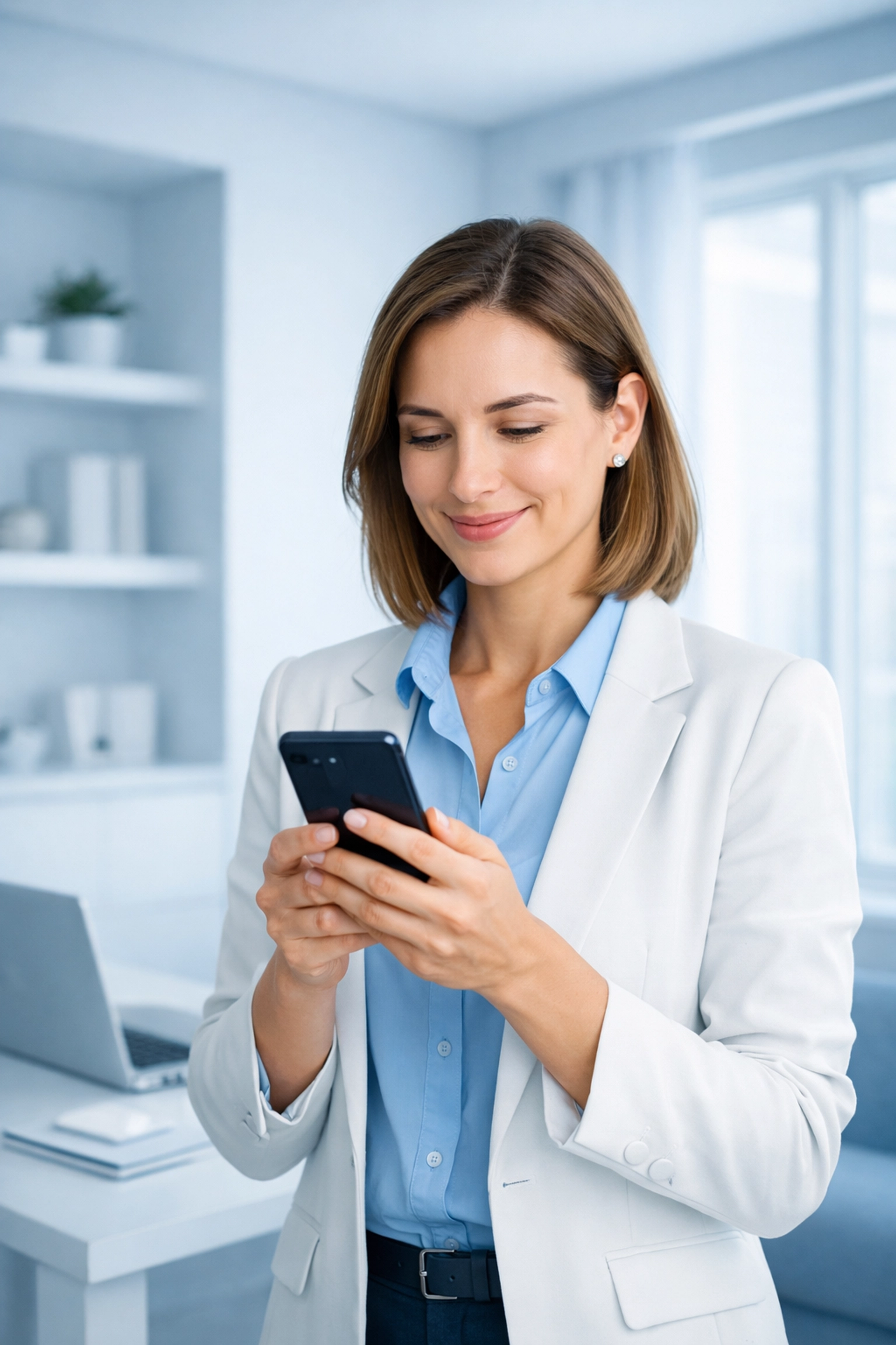 Professional woman using a smartphone to find quick answers via Google Business Profile optimization