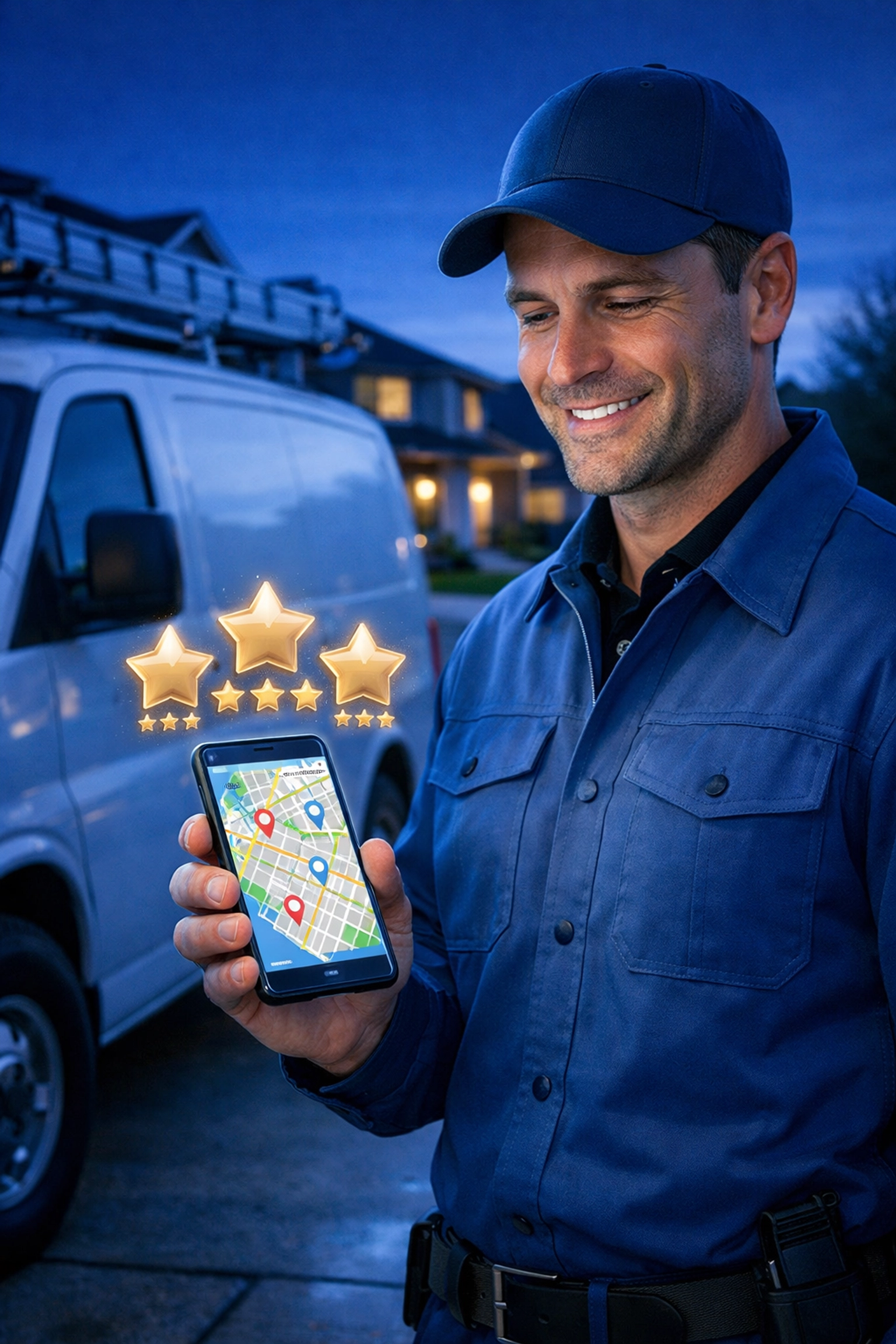Technician with 5-star review badges on a smartphone map for local SEO and Google Business Profile management