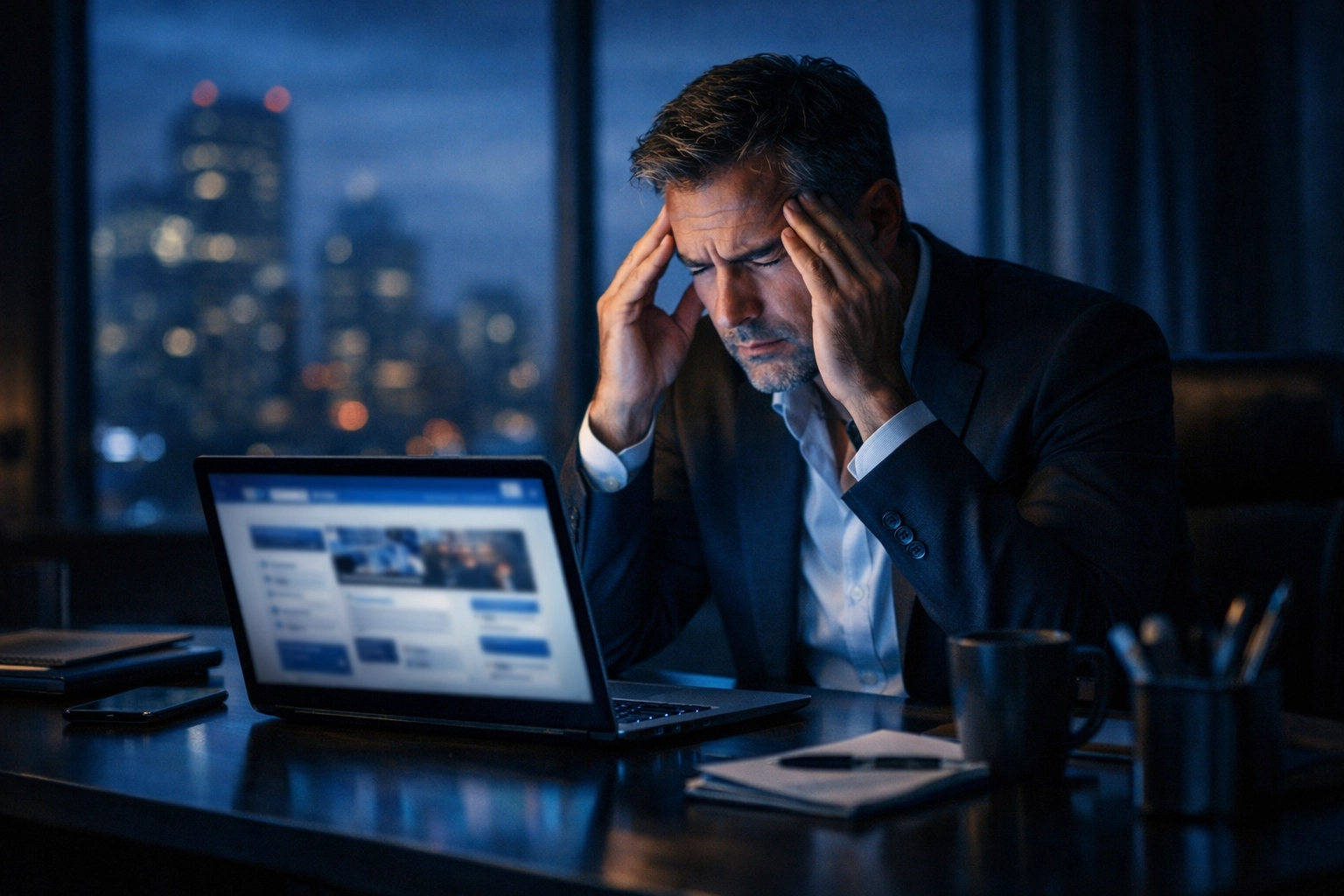 Frustrated business owner at a desk struggling with confusing website messaging and low lead generation