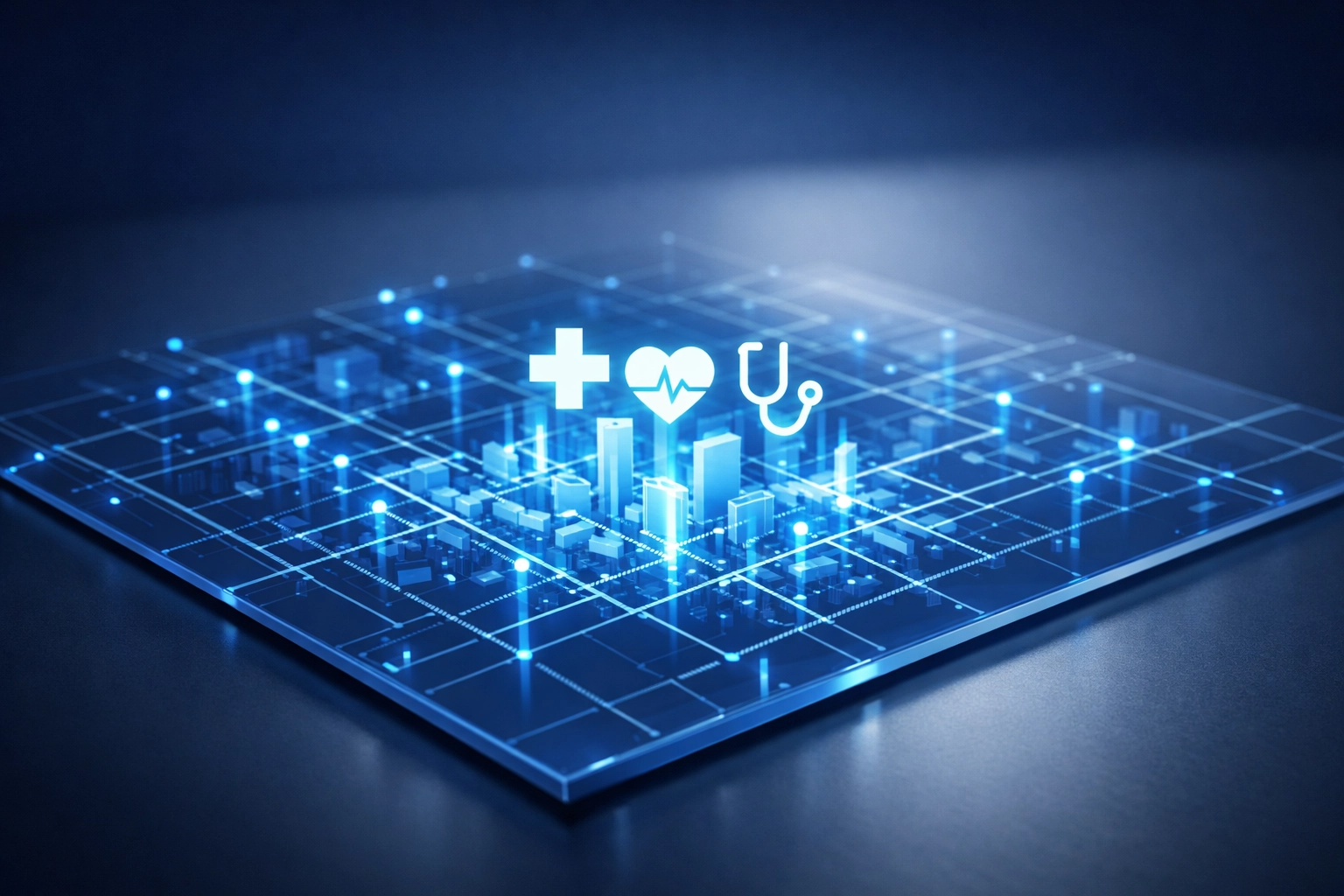 A digital city map showing local SEO data points for Google Business Profile optimization and visibility.