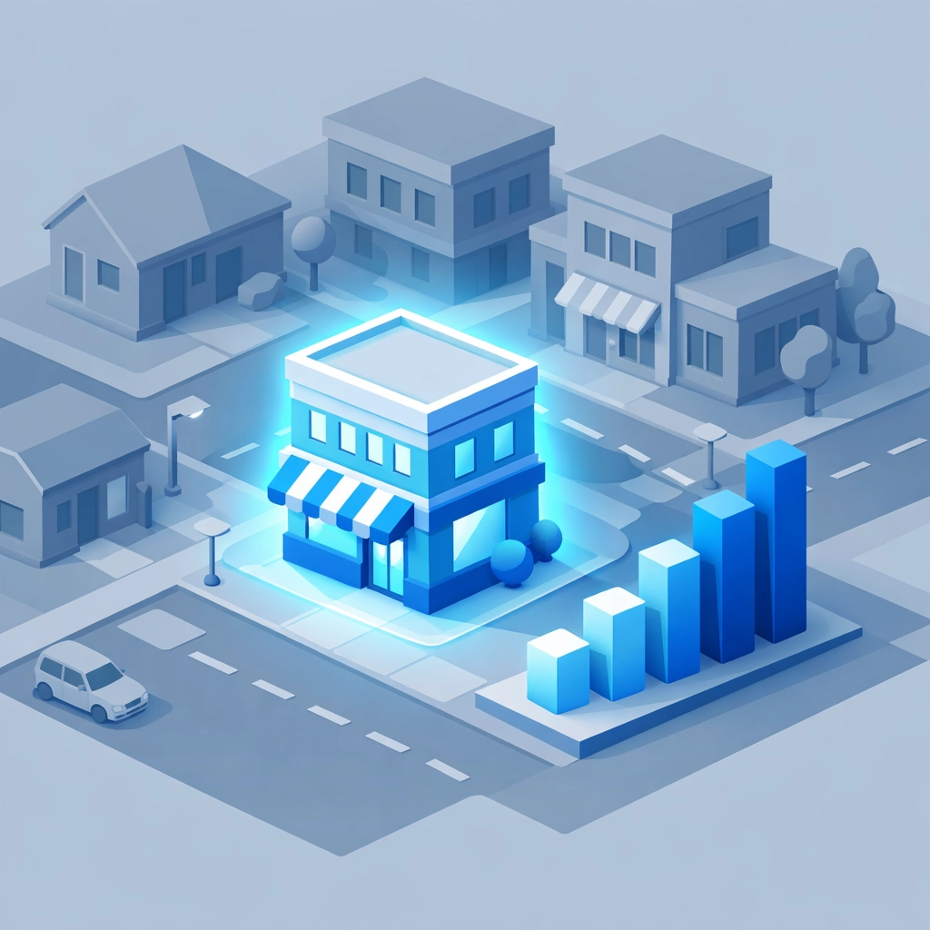 A highlighted business on a neighborhood map showing market dominance through local SEO strategies