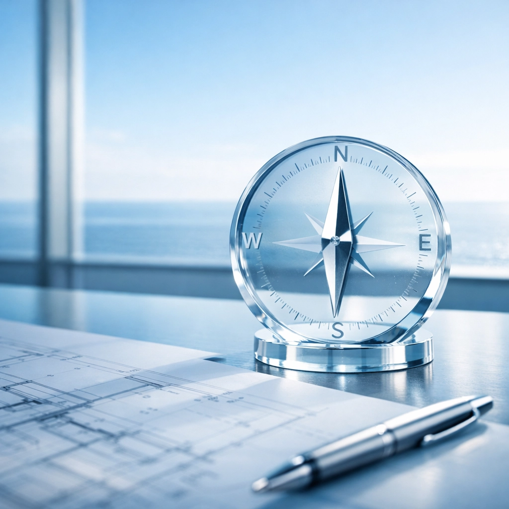 A minimalist compass on a professional desk symbolizing clear website communication and user direction