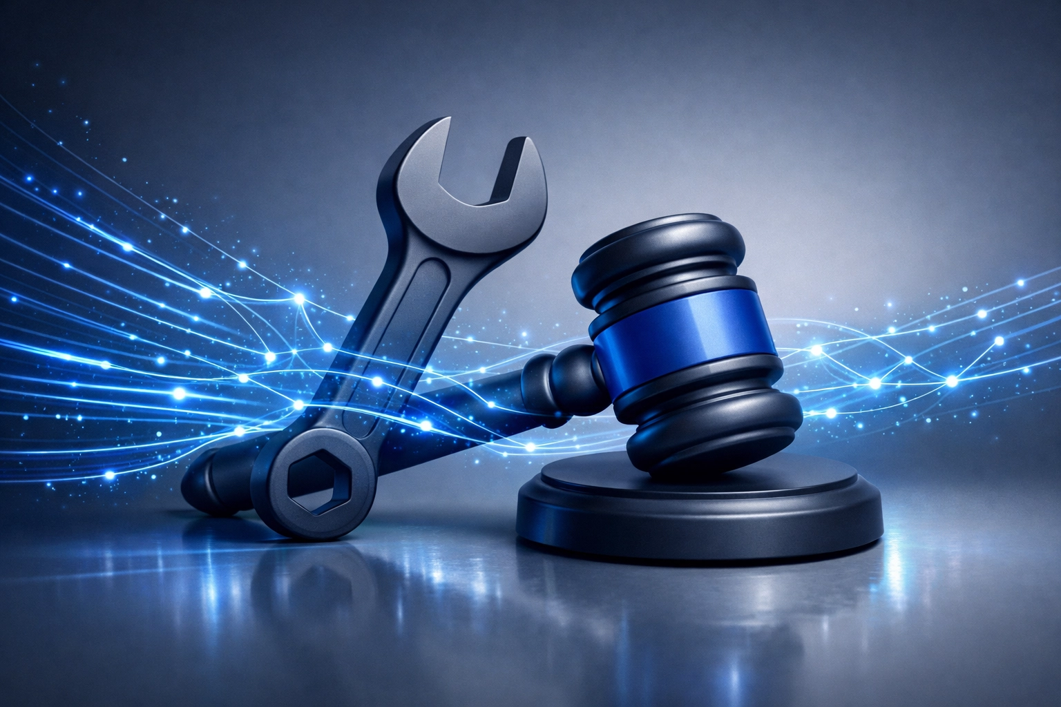 A wrench and gavel with digital data streams illustrating Google Maps ranking strategies for local service businesses