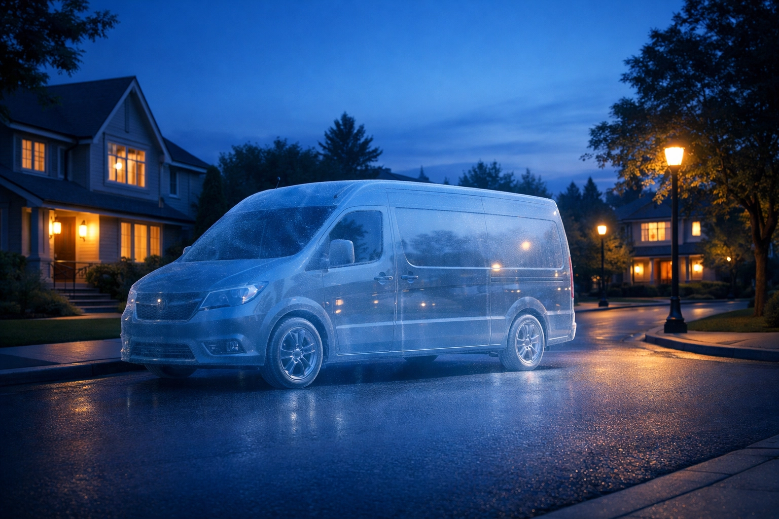 A transparent service van on a suburban street representing an invisible business in the Google Map Pack.