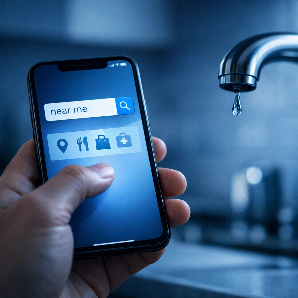 A homeowner using a smartphone for a near me SEO search to find a local plumber for an emergency repair.