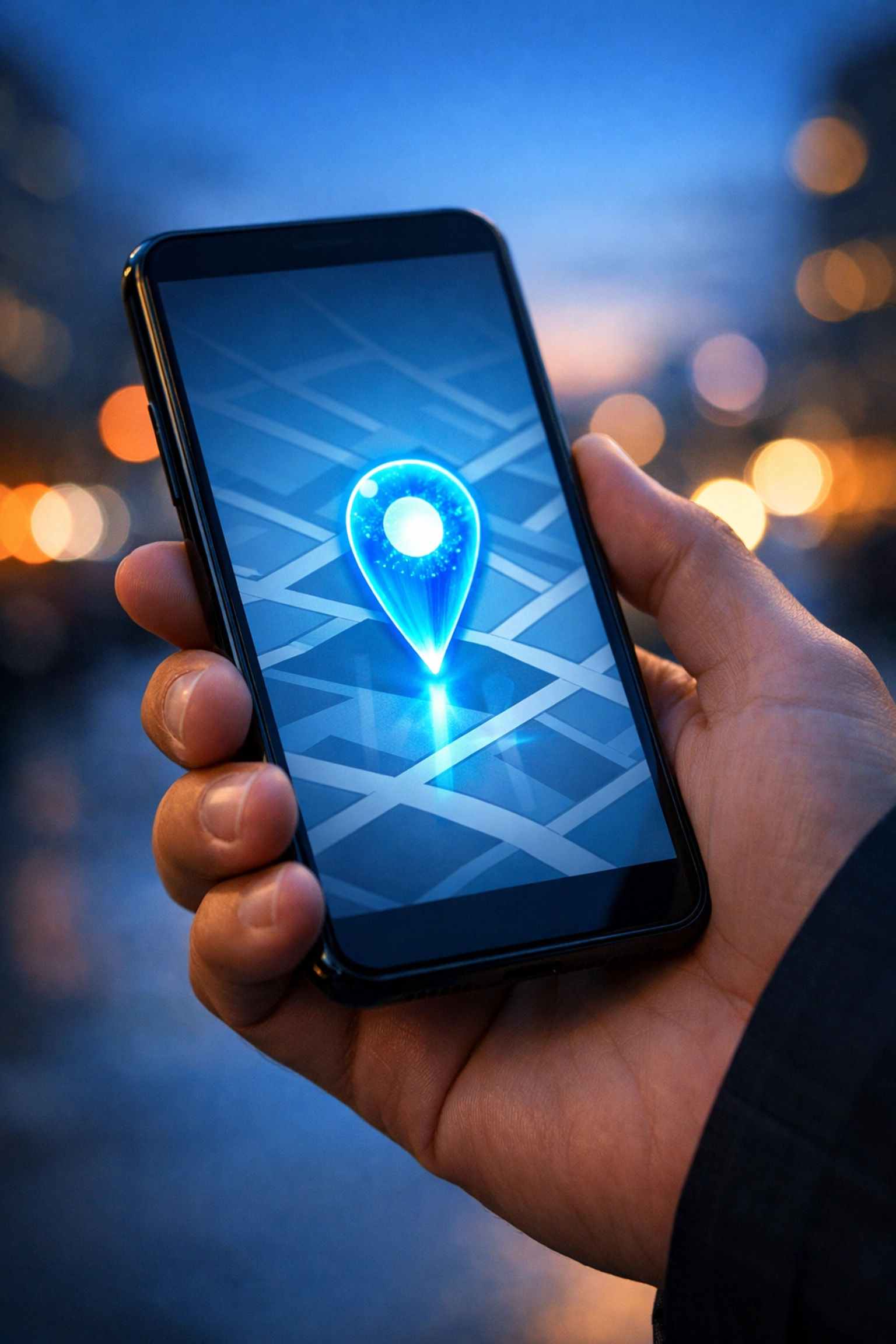 A phone showing a glowing map pin in a city, highlighting Google Business Profile optimization for local search