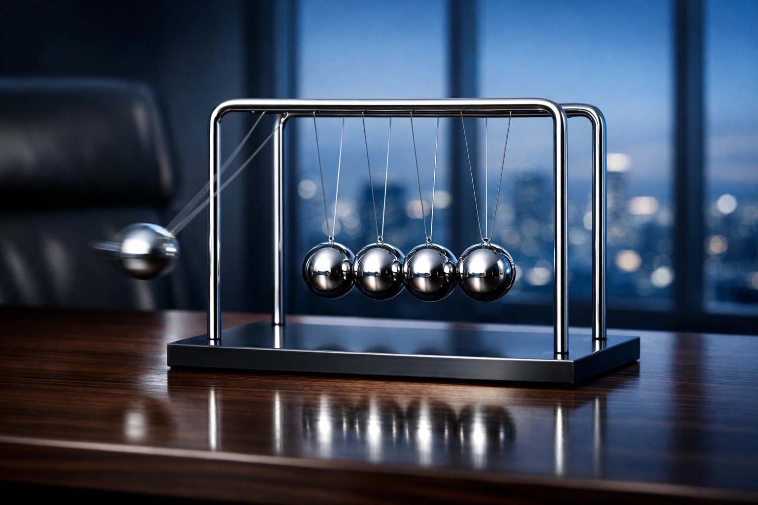 A Newton's cradle in motion symbolizing interaction velocity and momentum for Google Business Profiles.