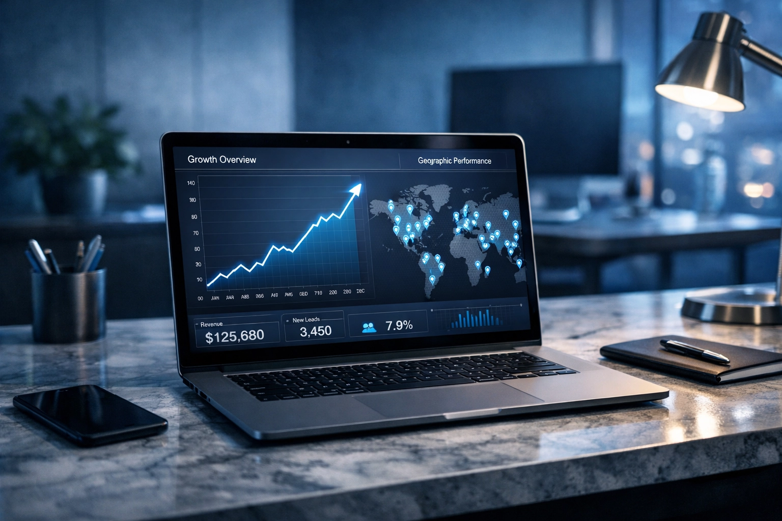 Dashboard showing an upward trend in local SEO rankings and Google Map Pack visibility.