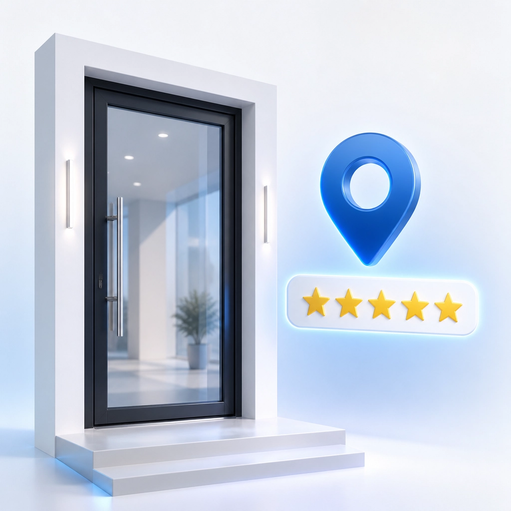 Minimalist 3D illustration of a digital front door with a Google Map pin