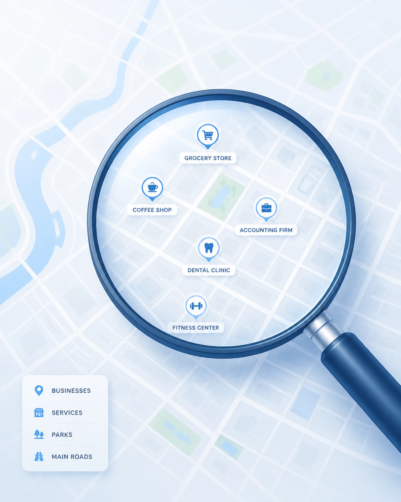 Minimalist illustration of a magnifying glass over a local map representing a visibility audit