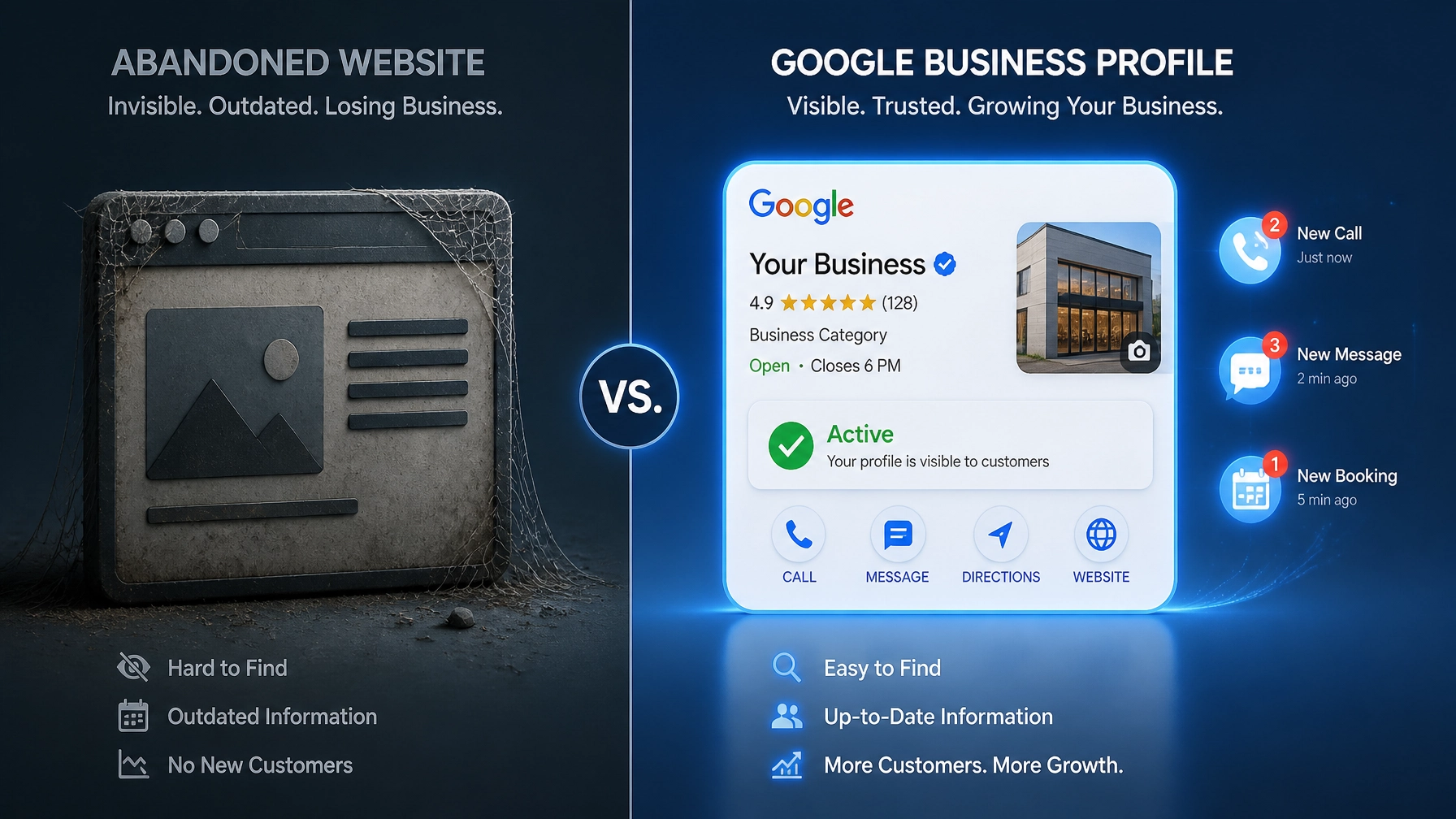 Comparison of an abandoned website vs an active Google Business Profile