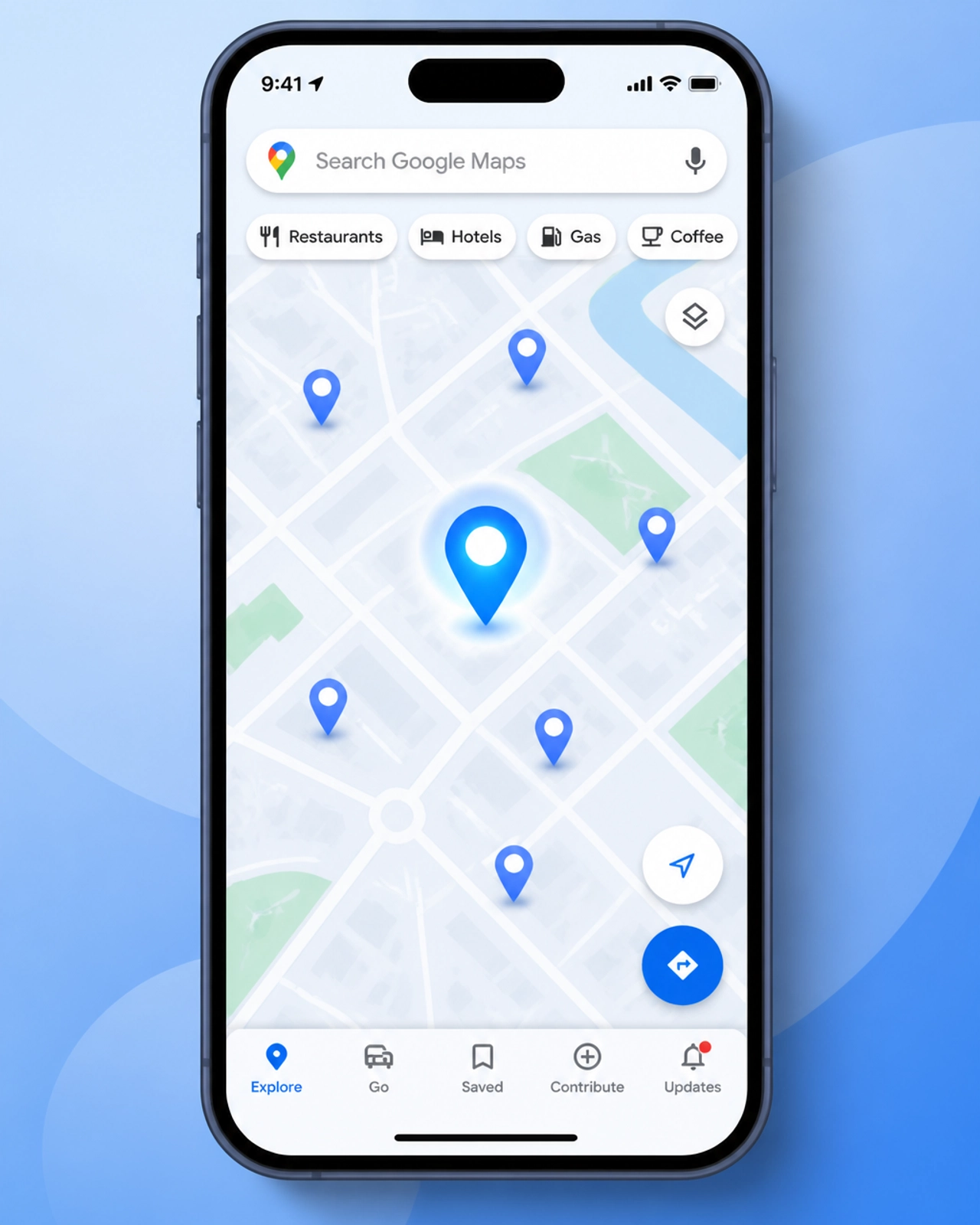 Minimalist illustration of a smartphone showing Google Maps pins with one glowing blue for high visibility