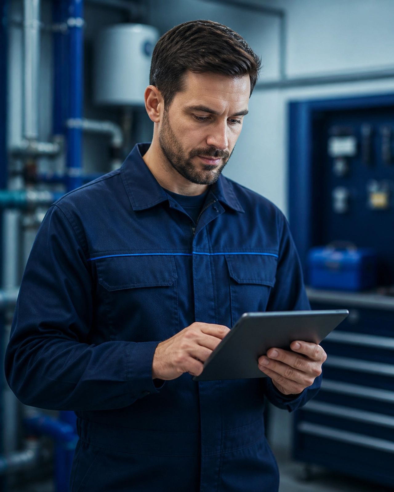 Professional service provider using a tablet to manage their business online with confidence